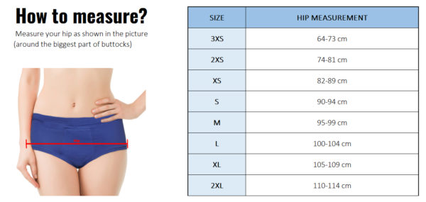 period underwear size chart, reusable period panty size chart